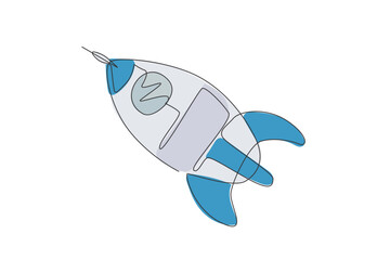 Fototapeta premium Single continuous line drawing rocket launch fly into the sky universe. Vintage spacecraft rocketship. Simple retro outer space vehicle concept. Trendy one line draw graphic design vector illustration