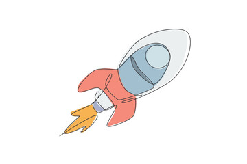 One continuous line drawing of simple retro spacecraft flying up to the outer space nebula. Rocket space ship launch into universe concept. Dynamic single line draw graphic design vector illustration