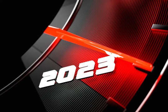 3D illustration close up black speedometer with cutoffs 2022,2023. The concept of the new year and Christmas in the automotive field. Counting months, time until the new year.