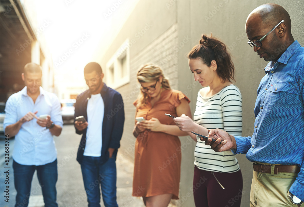 Poster diverse group of adult people connecting and social networking outside. businesspeople texting, brow