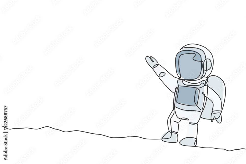Poster one continuous line drawing of young astronaut scientist exploring outer space in retro style. space