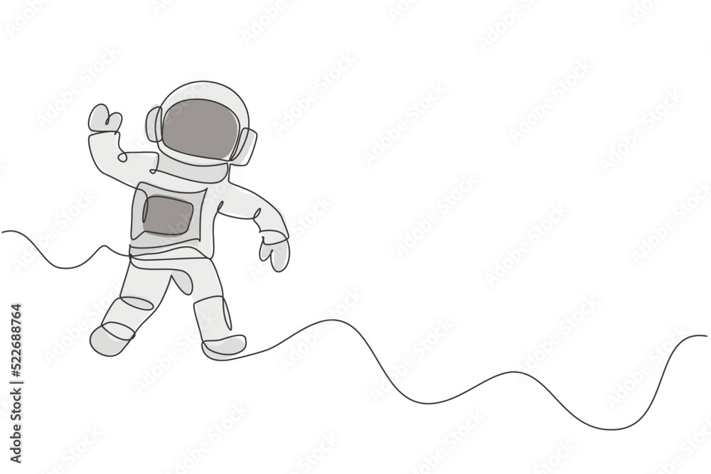 Poster one continuous line drawing of young astronaut scientist exploring outer space in retro style. space
