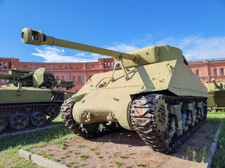 Fototapeta premium SAINT PETERSBURG, RUSSIA - July 28, 2022: American tank Sherman front view, fought in World War II