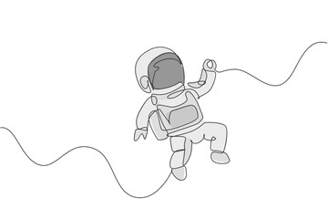 One single line drawing of young astronaut in spacesuit flying at outer space vector illustration graphic. Spaceman adventure galactic space concept. Modern continuous line draw design