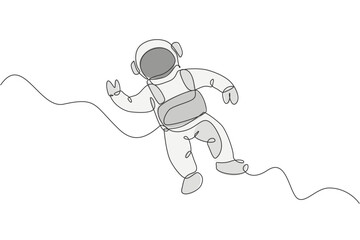 Single continuous line drawing of young cosmonaut scientist discovering spacewalk universe in vintage style. Astronaut cosmic traveler concept. Trendy one line draw design vector graphic illustration