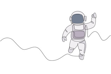 Obraz premium Single continuous line drawing of young cosmonaut scientist discovering spacewalk universe in vintage style. Astronaut cosmic traveler concept. Trendy one line draw graphic design vector illustration