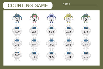 Fototapeta na wymiar How many counting game with colorful robots. Preschool worksheet, kids activity sheet, printable worksheet 