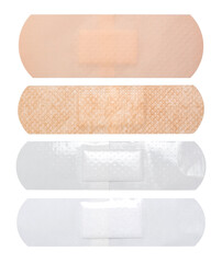 A set of four different band-aids on white background.