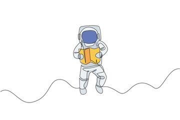 Single continuous line drawing floating science astronaut in spacewalk reading map navigator. Fantasy deep space exploration, fiction concept. Trendy one line draw design graphic vector illustration