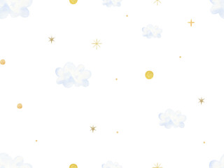 childish pattern with clouds, seamless pattern, stars. Textile design