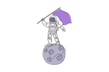 One continuous line drawing of cosmonaut exploring outer space. Astronaut waving flag while standing on full moon. Fantasy cosmic galaxy discovery concept. Single line draw design vector illustration