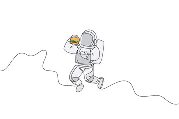One continuous line drawing of cosmonaut eating fresh delicious burger in galactic universe. Fantasy outer space astronaut life concept. Dynamic single line draw design vector illustration graphic