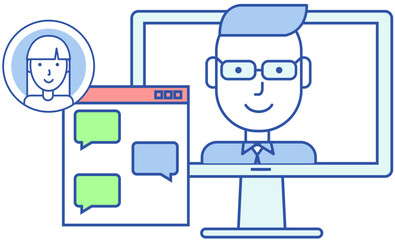 Remote comunication app for computer. Distance chatting, internet video call chat with friends. Program for virtual communication, teamwork. Man during online meeting and chatting in messenger