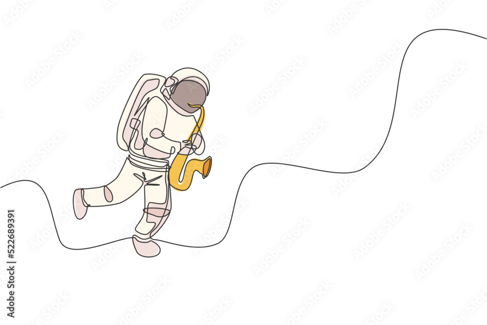 Poster one continuous line drawing astronaut with spacesuit playing saxophone in galaxy universe. outer spa