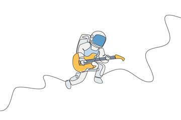 Obraz premium One continuous line drawing of astronaut with spacesuit playing acoustic guitar in galaxy universe. Outer space music concert concept. Dynamic single line draw design vector graphic illustration
