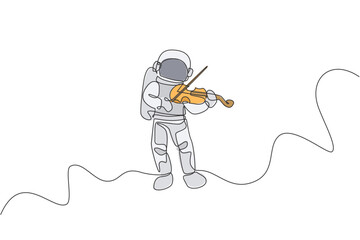 Single continuous line drawing of astronaut playing beauty violin musical instrument in cosmic galaxy. Outer space music concert concept. Trendy one line draw design vector illustration graphic