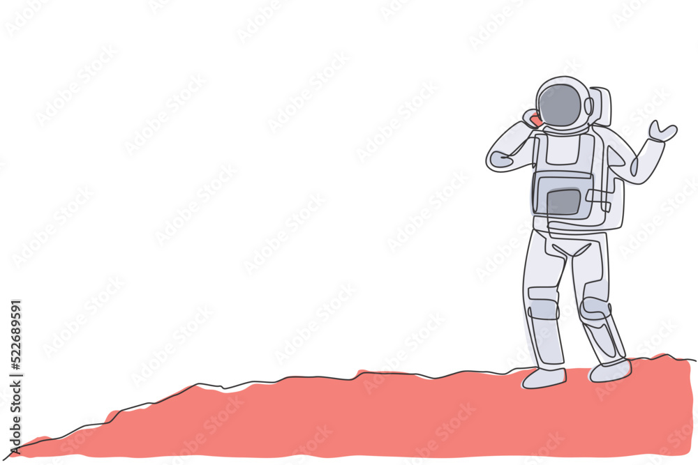 Poster one single line drawing of cosmonaut make a call to partner using smartphone in moon surface vector 