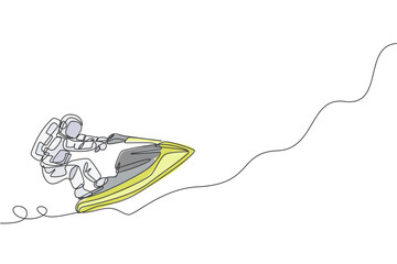 Single continuous line drawing of astronaut using jetski on moon surface, outer deep space. Space astronomy galaxy sport concept. Trendy one line draw graphic design vector illustration