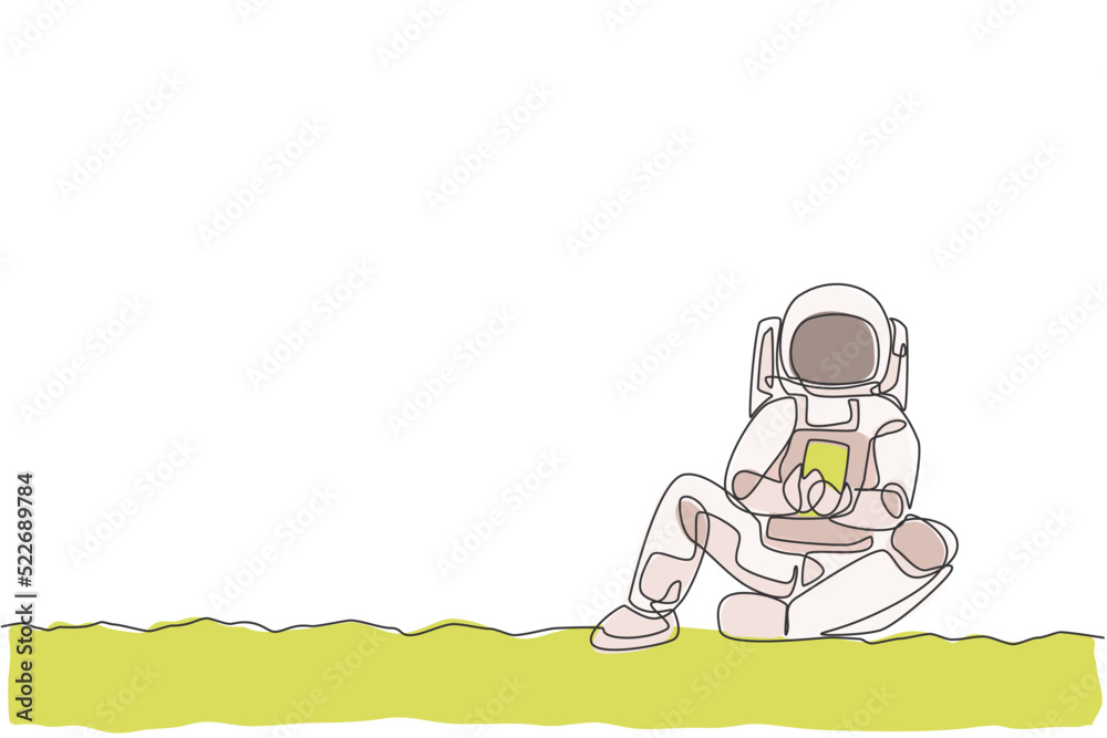 Poster one continuous line drawing of young spaceman on spacesuit siting relax on moon surface while textin