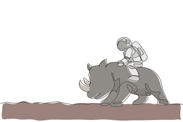 One continuous line drawing of spaceman take a walk riding a rhinoceros, wild animal in moon surface. Deep space safari journey concept. Dynamic single line draw graphic design vector illustration