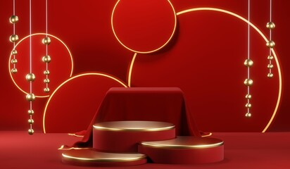 3D rendering of blank product background for cream cosmetics Modern red podium background