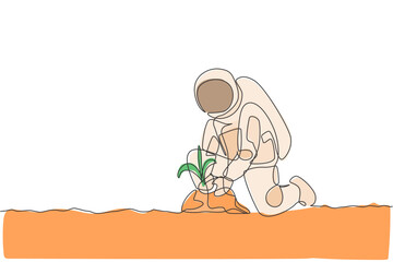 Obraz premium One single line drawing of astronaut planting new species tree seed carefully in moon surface vector illustration. Outer space farming concept. Modern continuous line draw graphic design