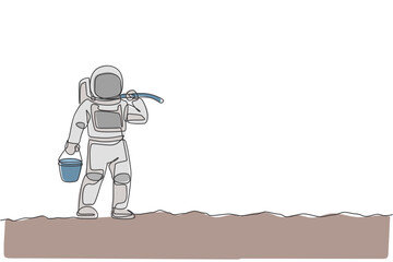 One continuous line drawing of spaceman carrying bucket and hoe on shoulder while walking in moon surface. Deep space farming astronaut concept. Dynamic single line draw design vector illustration