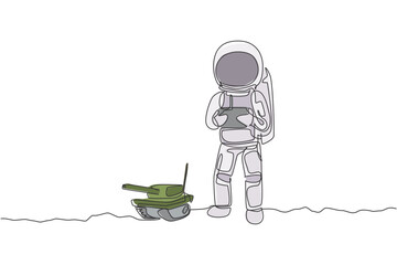 One continuous line drawing of astronaut playing war tank radio control in moon cosmic galaxy. Outer space hobby and lifestyle concept. Dynamic single line draw design graphic vector illustration