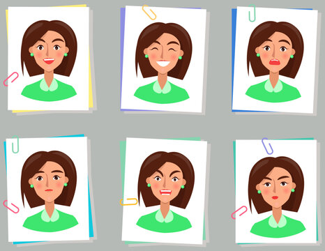 Positive and negative face expressions of woman. Cute faces of cartoon characters vector illustration. Expressing human emotion concept. Set of female emotions. Happy, sad, neutral and angry people