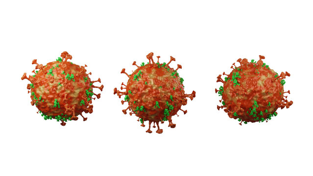 Coronavirus cells or bacteria molecule. Virus Covid-19. Virus isolated on white. Close-up of flu, view of virus under a microscope, infectious disease. Bacteria, cell infected organism. 3d Rendering.