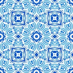 Blue white watercolor azulejos tile background. Seamless coastal geometric floral mosaic effect. Ornamental arabesque all over summer fashion damask repeat