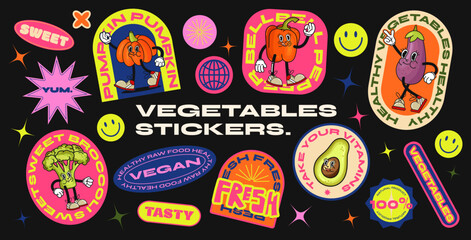 Collection of stickers of vegetables in retro style with cartoon characters. Set of healthy food, vegetarian and natural food labels, tags, stickers, stamps for labeling. Vector set, trendy promo labe - obrazy, fototapety, plakaty