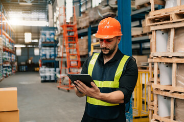 Storage worker in uniform and notepad,digital tablet in hands checks production. warehouse concept.