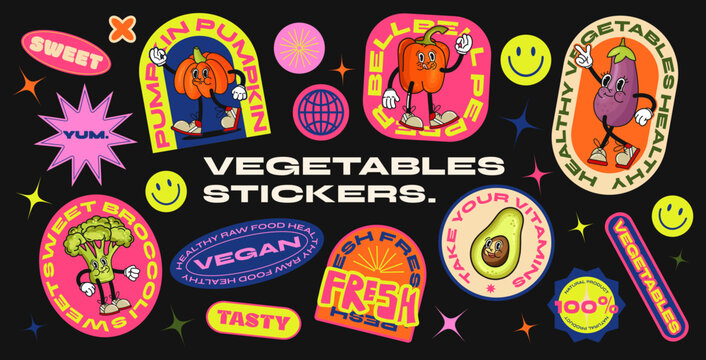 Collection of stickers of vegetables in retro style with cartoon characters. Set of healthy food, vegetarian and natural food labels, tags, stickers, stamps for labeling. Vector set, trendy promo labe