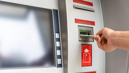 Atm money machine cash. Money bank credit card holding hand. Withdraw money cash from atm. Bank...