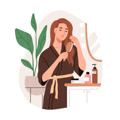 Woman brushing, styling clean long hair with comb. Young girl during grooming, caring of hairstyle at home bathroom. Morning beauty routine. Flat vector illustration isolated on white background