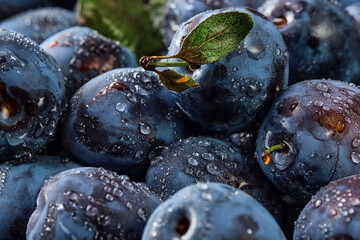 Delicious ripe plums, background of fresh organic fruits in water drops, close-up. Beautiful ripe prunes, fruit harvesting in autumn, eco-products from the farm.