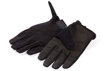 Black tactical military gloves on a white background