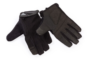 Black tactical military gloves on a white background