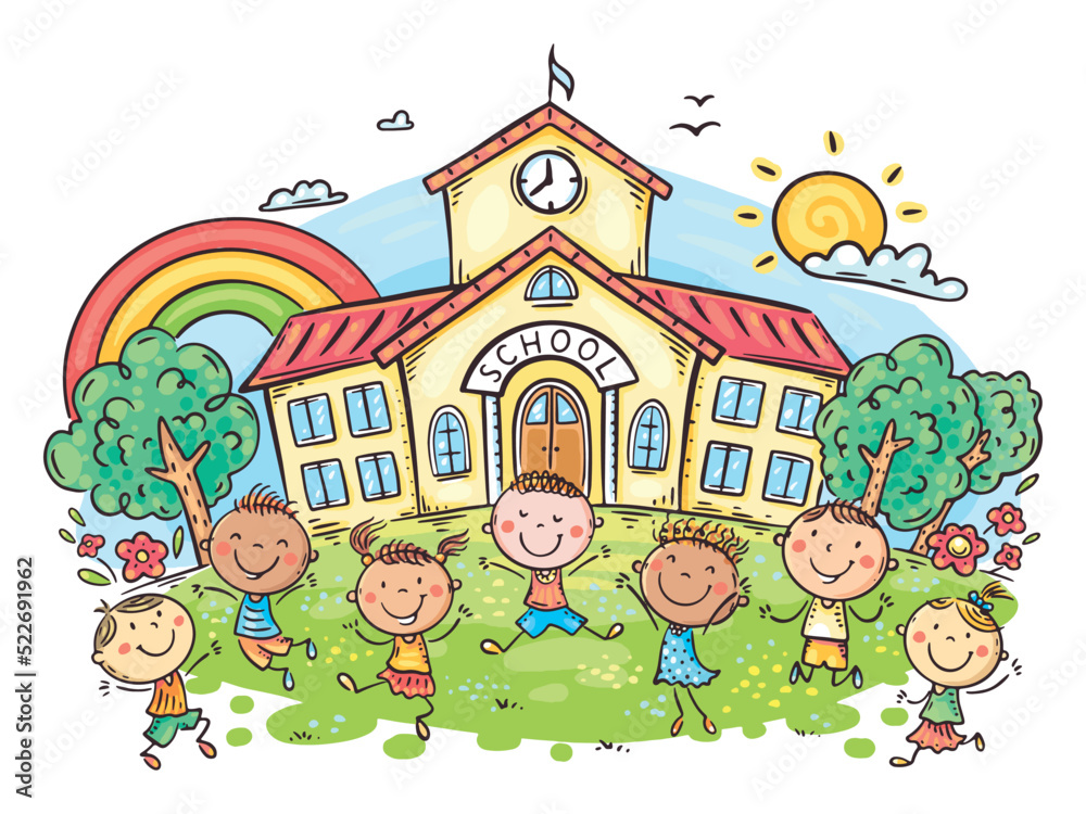 Wall mural happy cartoon children playing in front of school building, back to school clipart