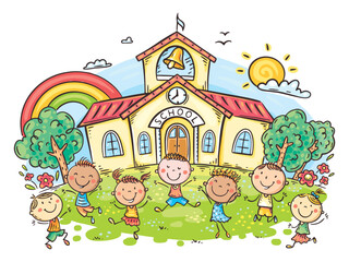 Obraz na płótnie Canvas Happy kids in front of school building, back to school clipart