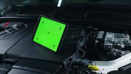 Unrecognizable male car service worker checking car and doing maintenance using a digital tablet computer with green screen chromakey, while standing near the opened bonnet