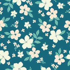 Simple vintage pattern. white flowers, light green leaves. blue background. Fashionable print for textiles and wallpaper.