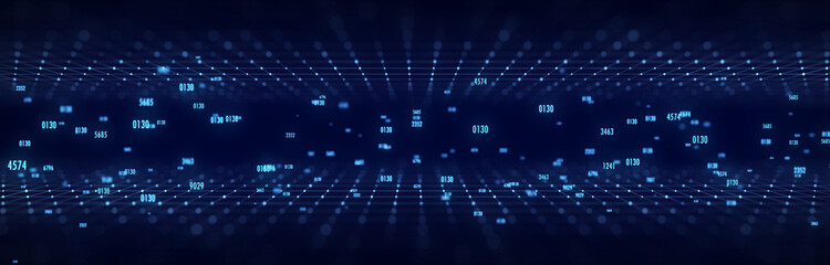 Futuristic perspective grid in digital cyberspace. Flow of binary code. Network connection structure. 3D rendering.