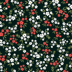 Simple vintage pattern. small white flowers and red, green blue leaves. dark background. Fashionable print for textiles and wallpaper.