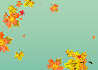 Obraz na płótnie Canvas Orange Leaves Background Green Vector. Floral Canadian Template. Red Down Leaf. Decor Foliage Frame.
