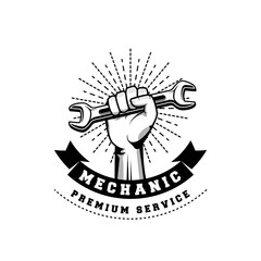 Mechanic badge logo design in retro style. Plumber logo design template