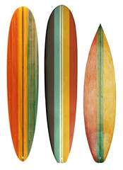 Collection vintage wooden surfboard isolated on white with clipping path for object, retro styles.