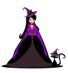 Beautiful sexy witch with her black cat - illustration isolated from background
