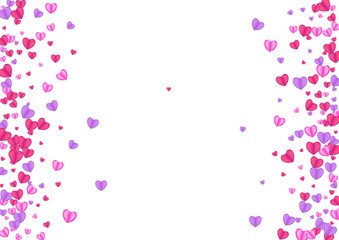 Tender Confetti Background White Vector. Anniversary Illustration Heart. Pink Congratulation Frame. Violet Heart Romantic Pattern. Fond Falling Backdrop.